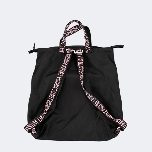 Victoria's Secret Black Pink Stripe Nylon Backpack Travel Pool Summer Beach Bag - Picture 4 of 10